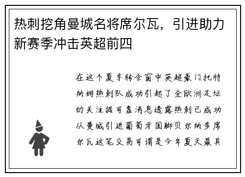 热刺挖角曼城名将席尔瓦，引进助力新赛季冲击英超前四